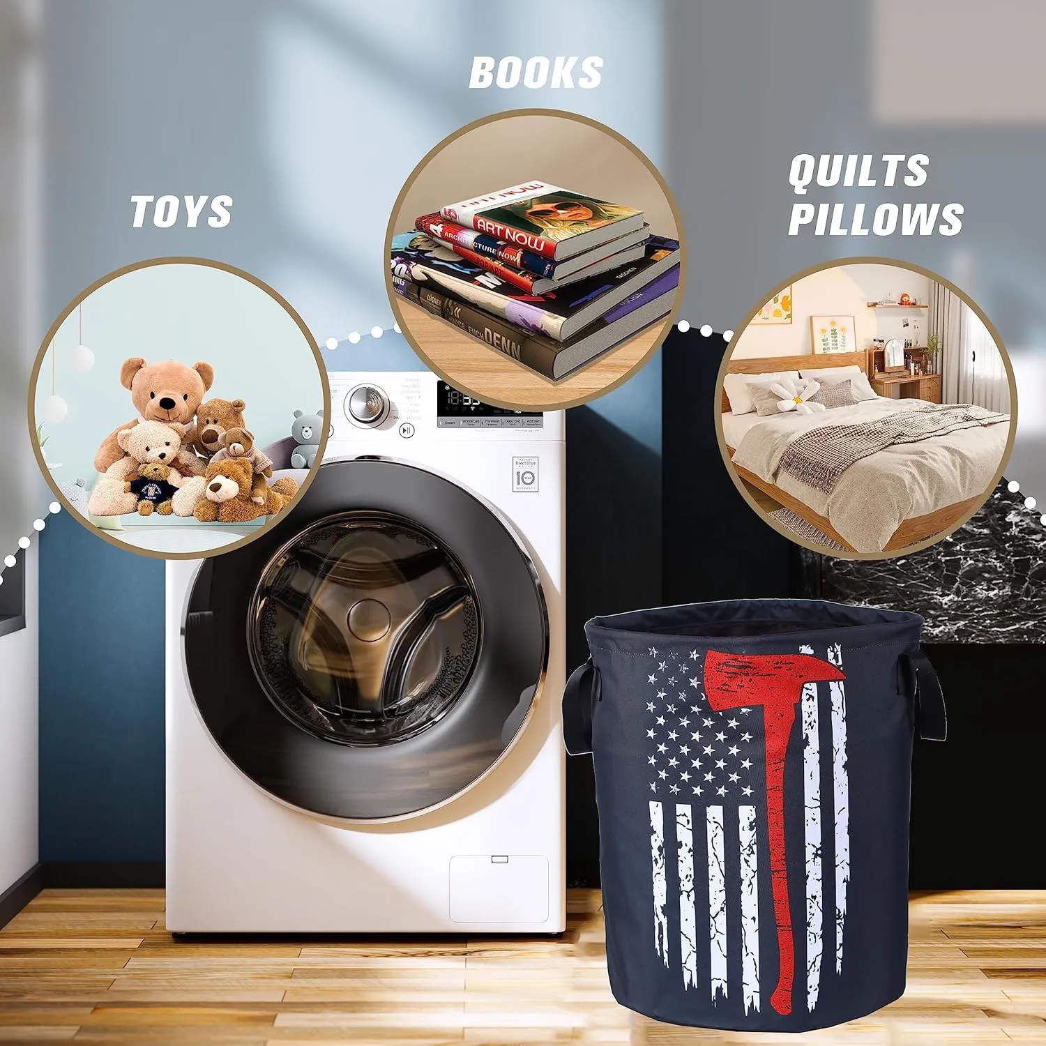 American Flag Red Line Ax Laundry Basket Firemen Foldable Oxford Cloth Funny Tote Bag Laundry Hamper Clothes Storage Bucket Organizer For Bathroom/Laundry Storage /Bedroom17.7x13.7Inch