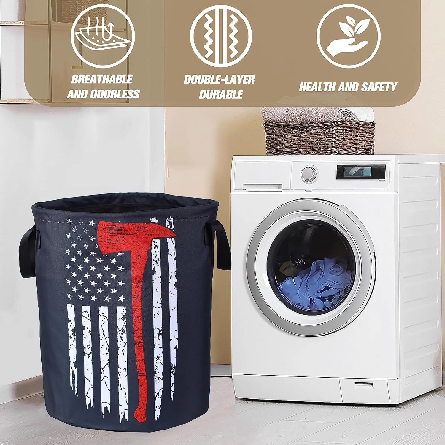 American Flag Red Line Ax Laundry Basket Firemen Foldable Oxford Cloth Funny Tote Bag Laundry Hamper Clothes Storage Bucket Organizer For Bathroom/Laundry Storage /Bedroom17.7x13.7Inch