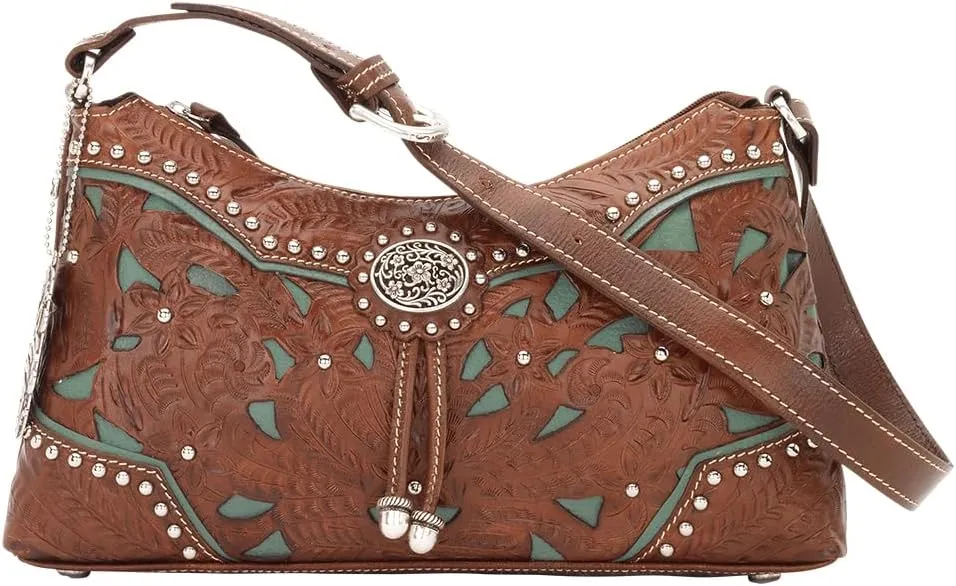 American West Womens Lady Lace Hobo Medium Brown Leather Handbag Bag