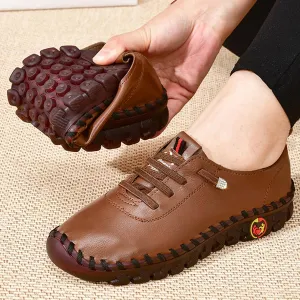 AngryMonkey Women Leather Round Toe Flat Loafers,Handmade Non-Slip Good Arch Support Breathable Soft Bottom Walking Shoes Mom Loafers