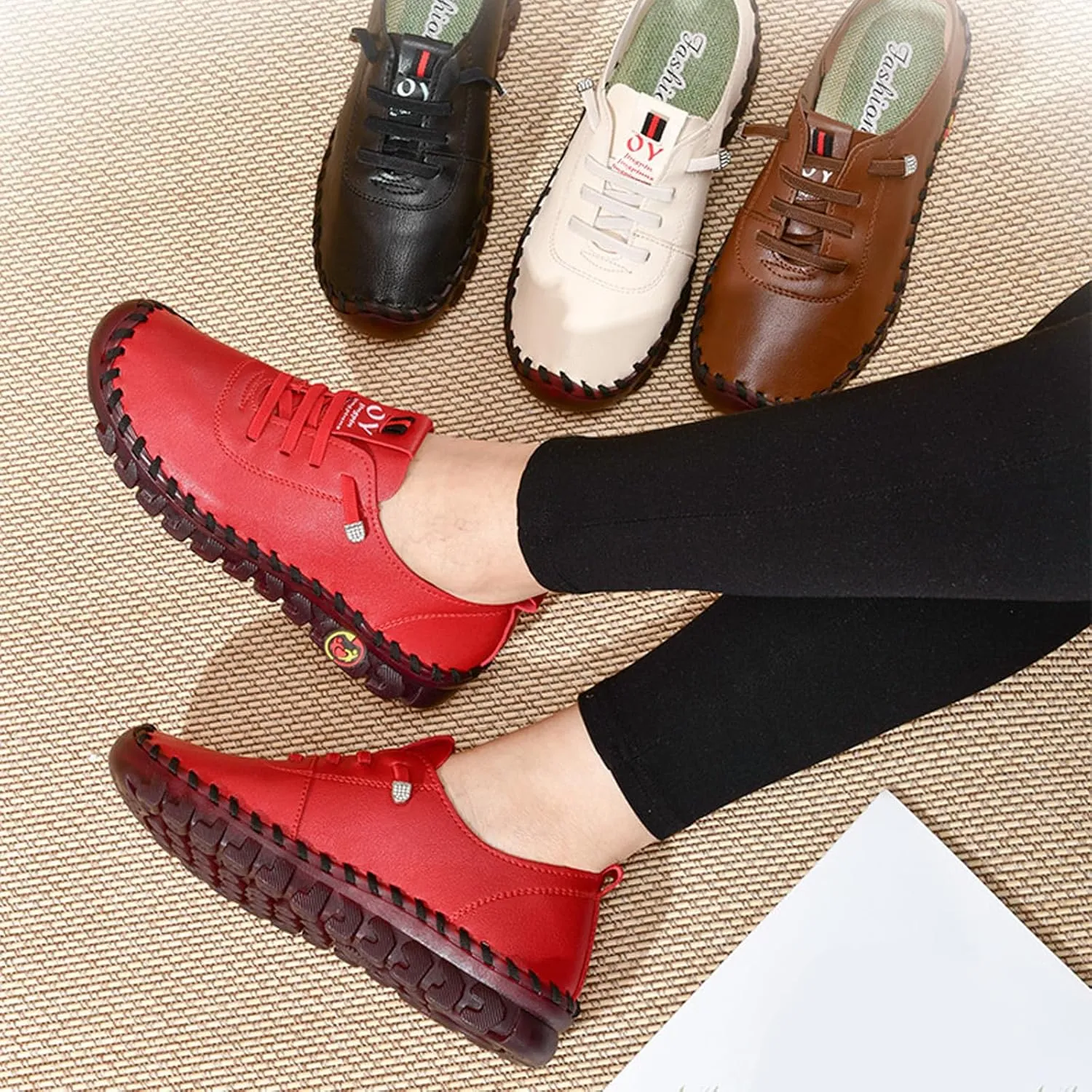AngryMonkey Women Leather Round Toe Flat Loafers,Handmade Non-Slip Good Arch Support Breathable Soft Bottom Walking Shoes Mom Loafers