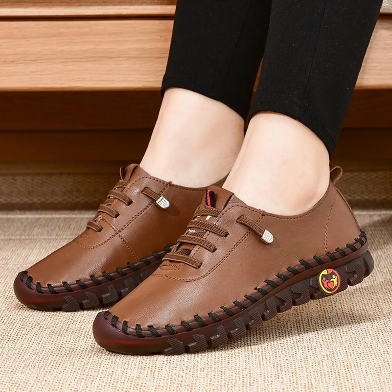 AngryMonkey Women Leather Round Toe Flat Loafers,Handmade Non-Slip Good Arch Support Breathable Soft Bottom Walking Shoes Mom Loafers