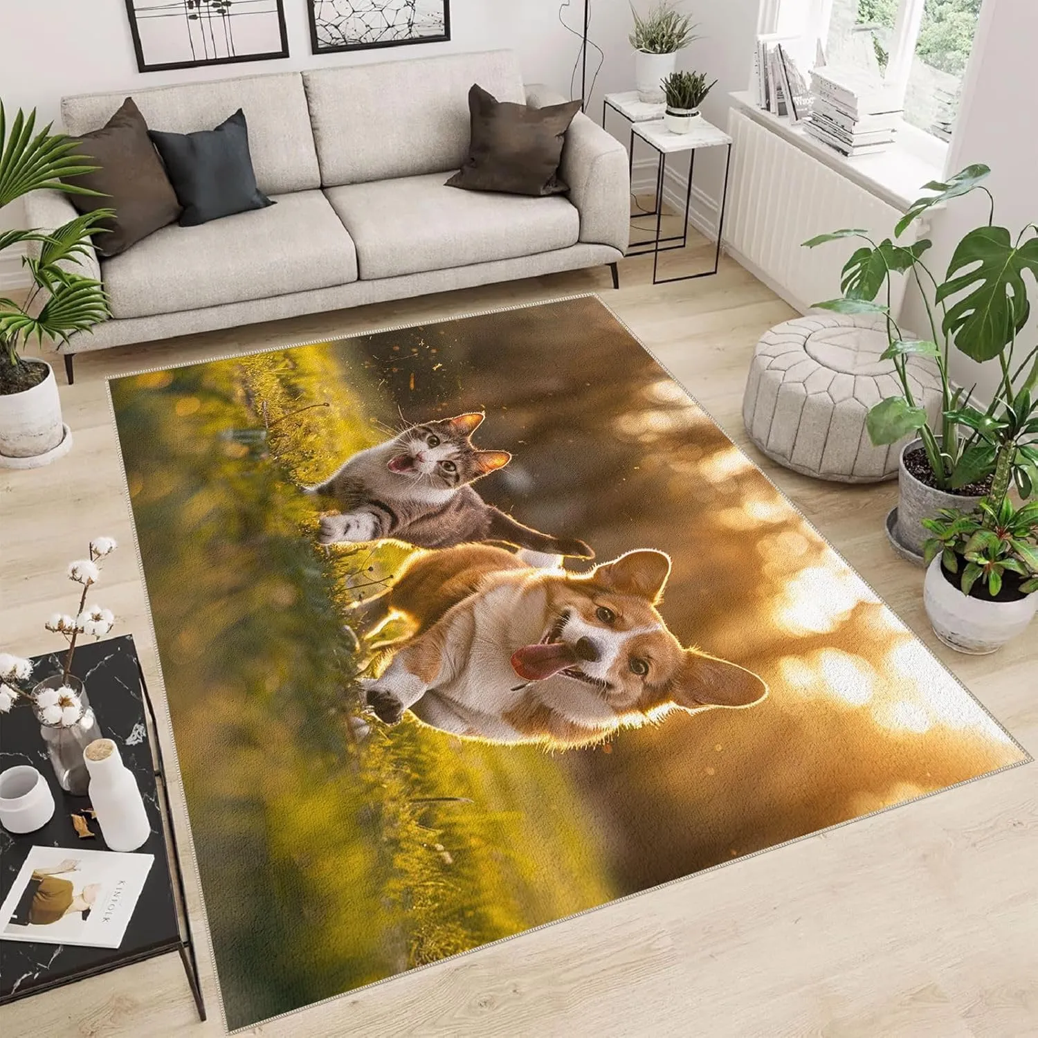 Area Rugs 1.6'x2.6' Non Slip Rug Foldable Machine Washable 3D Grassland Running Cat and Dog Pattern Carpet Low Pile Durable Faux Wool Comfy Fluffy Floor Carpet for Various Scenes Home Decor Aesthetic