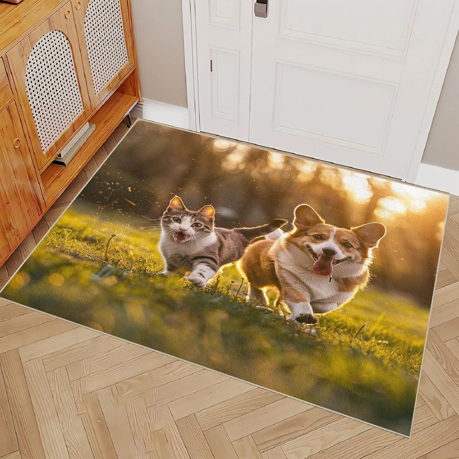 Area Rugs 1.6'x2.6' Non Slip Rug Foldable Machine Washable 3D Grassland Running Cat and Dog Pattern Carpet Low Pile Durable Faux Wool Comfy Fluffy Floor Carpet for Various Scenes Home Decor Aesthetic