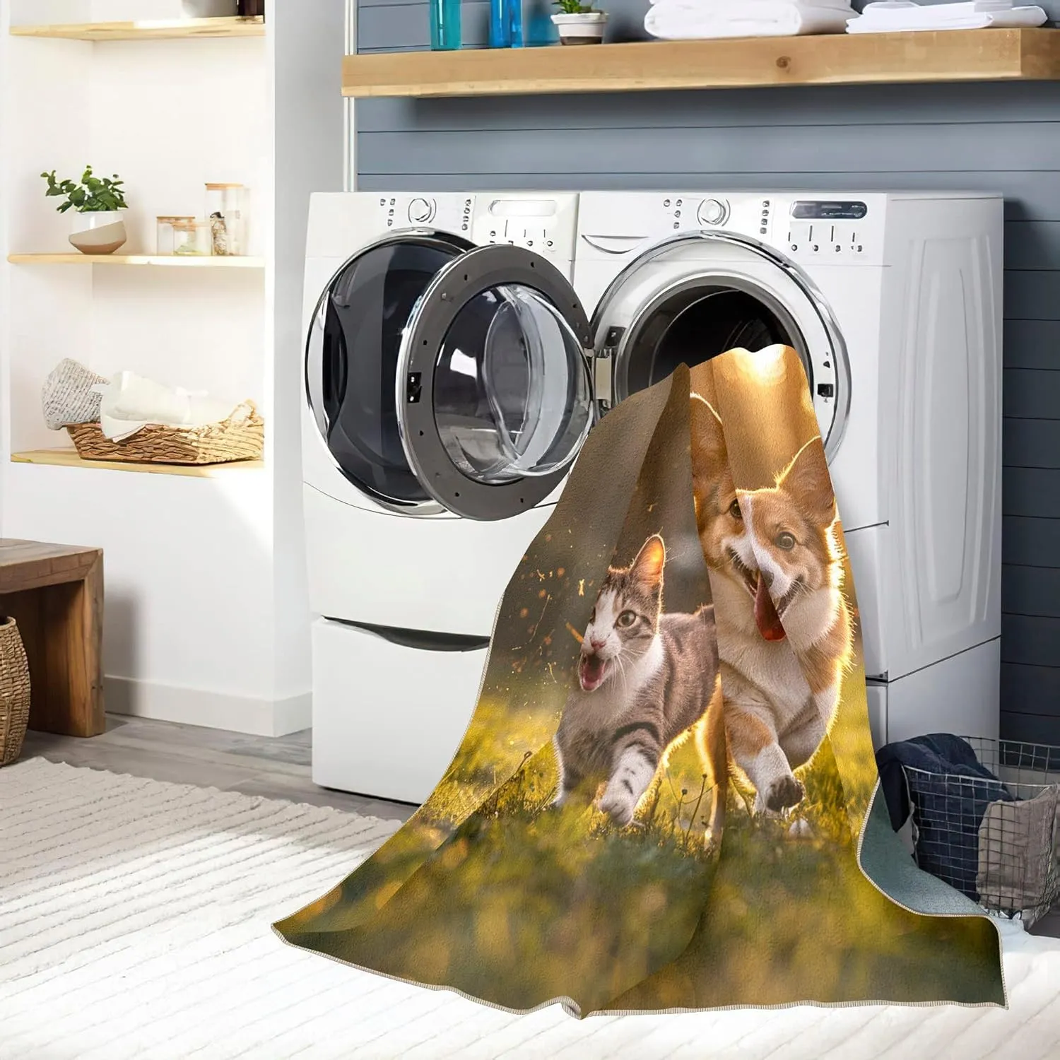 Area Rugs 1.6'x2.6' Non Slip Rug Foldable Machine Washable 3D Grassland Running Cat and Dog Pattern Carpet Low Pile Durable Faux Wool Comfy Fluffy Floor Carpet for Various Scenes Home Decor Aesthetic