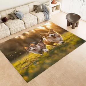 Area Rugs 1.6'x2.6' Non Slip Rug Foldable Machine Washable 3D Grassland Running Cat and Dog Pattern Carpet Low Pile Durable Faux Wool Comfy Fluffy Floor Carpet for Various Scenes Home Decor Aesthetic