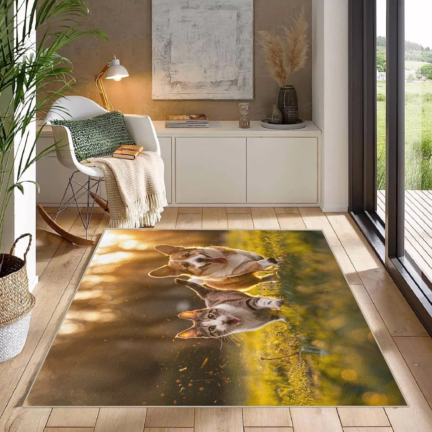 Area Rugs 1.6'x2.6' Non Slip Rug Foldable Machine Washable 3D Grassland Running Cat and Dog Pattern Carpet Low Pile Durable Faux Wool Comfy Fluffy Floor Carpet for Various Scenes Home Decor Aesthetic