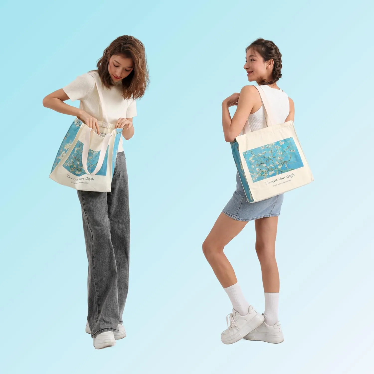 Art Canvas Tote Bag for Women with false flat bottom, zippers,interior Pocket,suitable for Shopping,Work,Travel