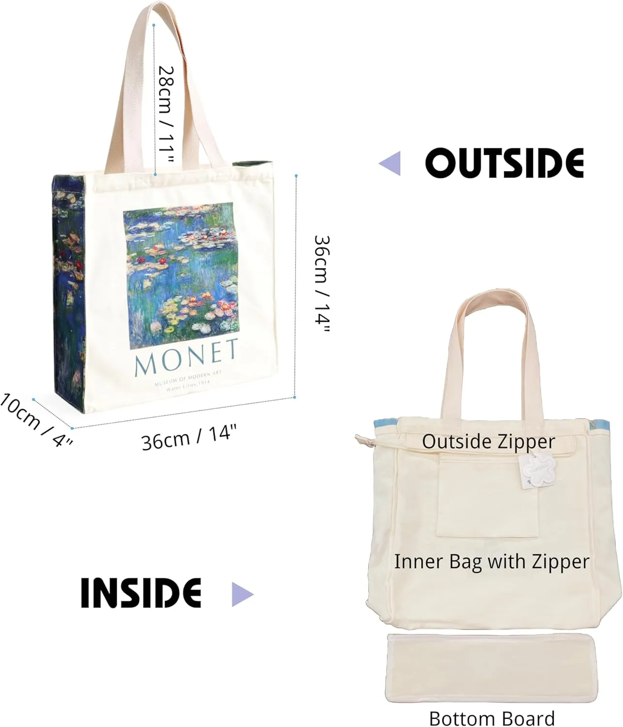Art Canvas Tote Bag for Women with false flat bottom, zippers,interior Pocket,suitable for Shopping,Work,Travel