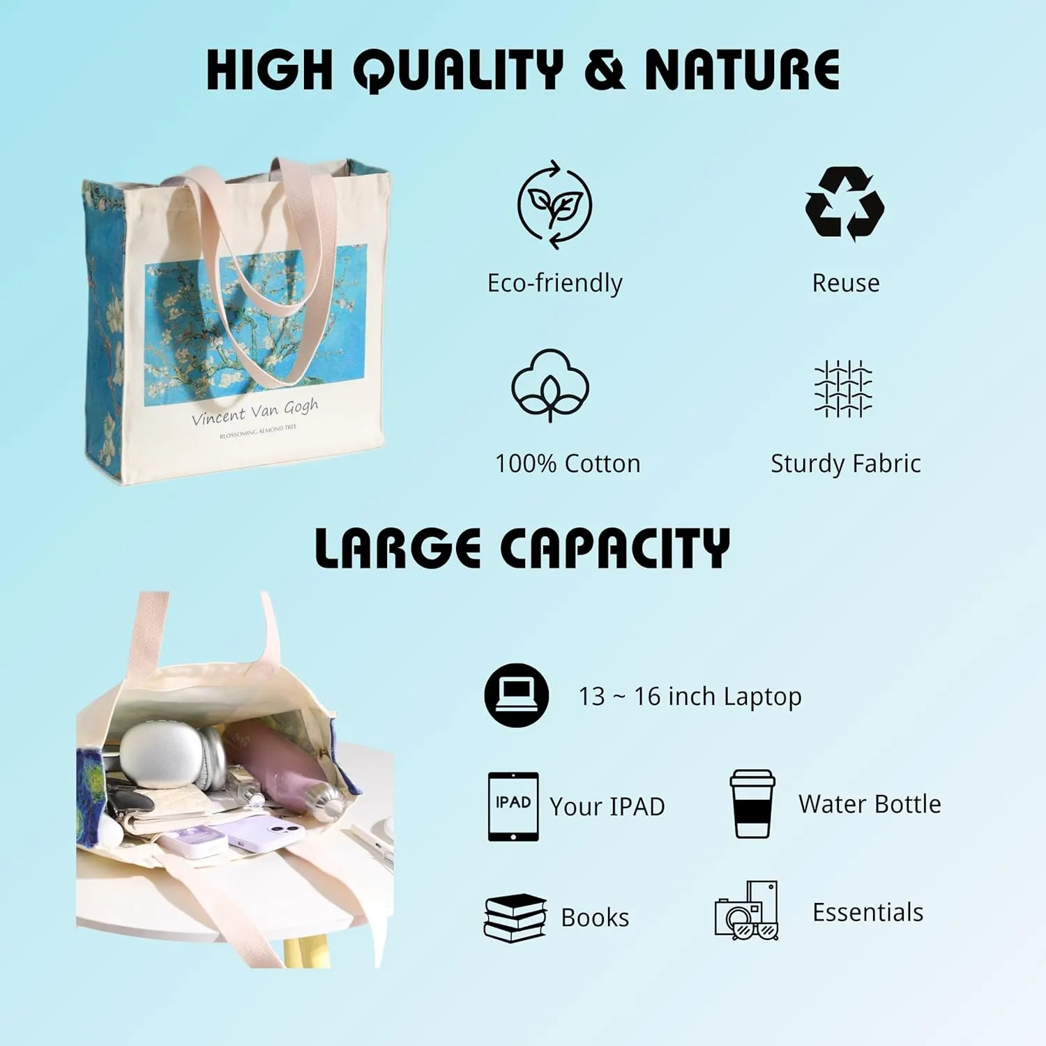 Art Canvas Tote Bag for Women with false flat bottom, zippers,interior Pocket,suitable for Shopping,Work,Travel