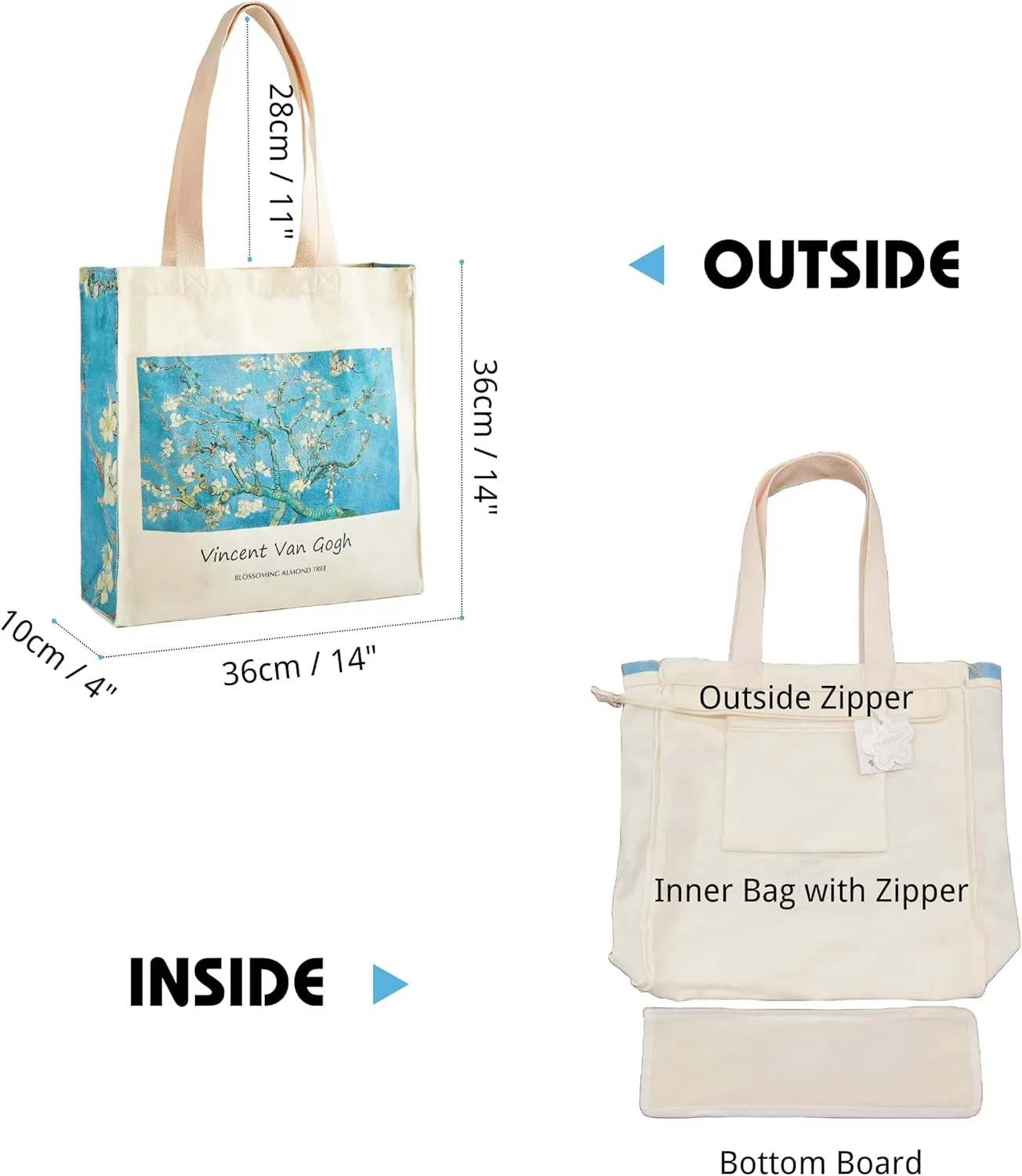 Art Canvas Tote Bag for Women with false flat bottom, zippers,interior Pocket,suitable for Shopping,Work,Travel