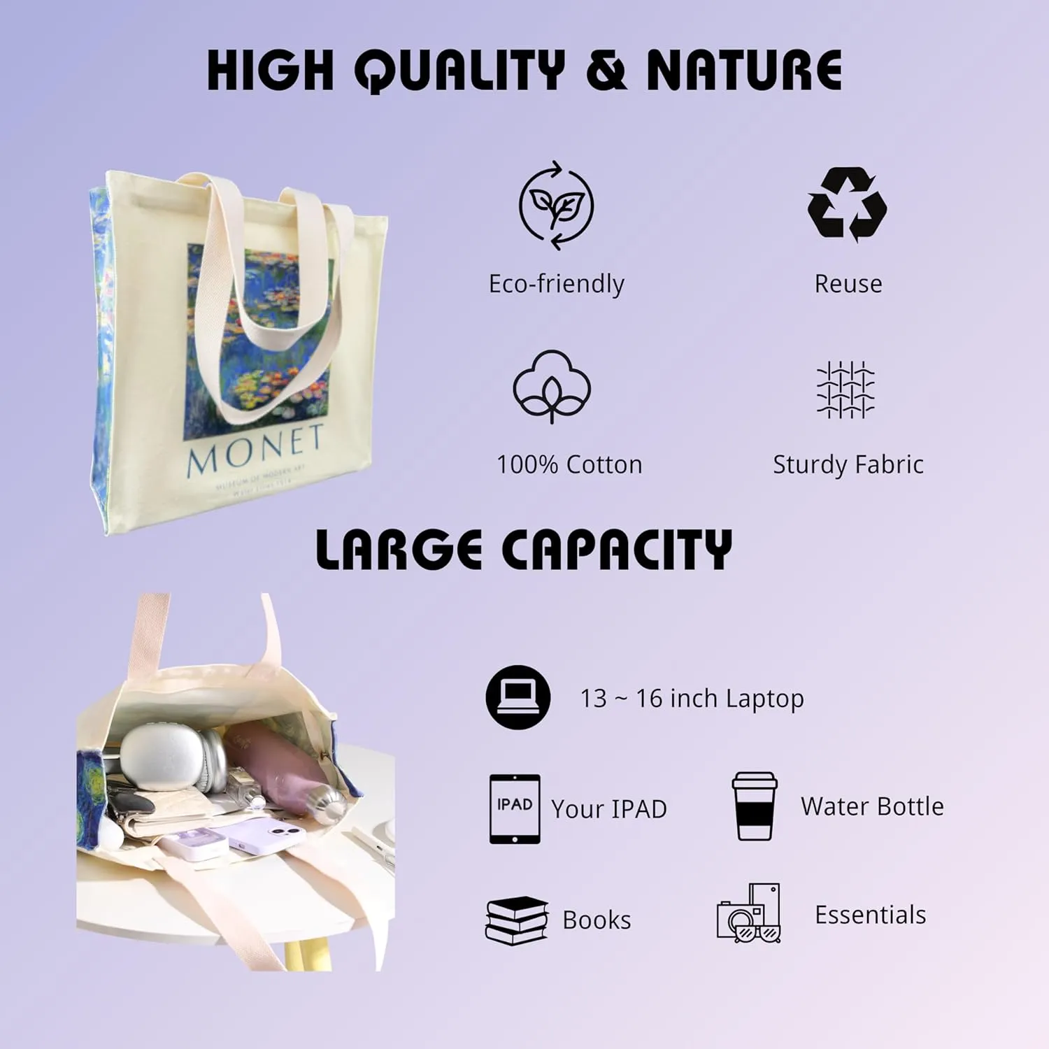 Art Canvas Tote Bag for Women with false flat bottom, zippers,interior Pocket,suitable for Shopping,Work,Travel