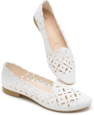 BABUDOG Womens Flats,Black and White Dress Flats with Flower Eyelets,Breathable Ballet Flats