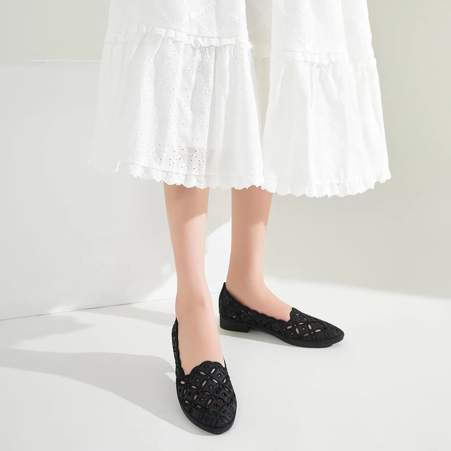 BABUDOG Womens Flats,Black and White Dress Flats with Flower Eyelets,Breathable Ballet Flats