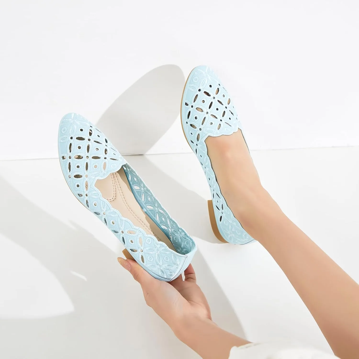 BABUDOG Womens Flats,Black and White Dress Flats with Flower Eyelets,Breathable Ballet Flats