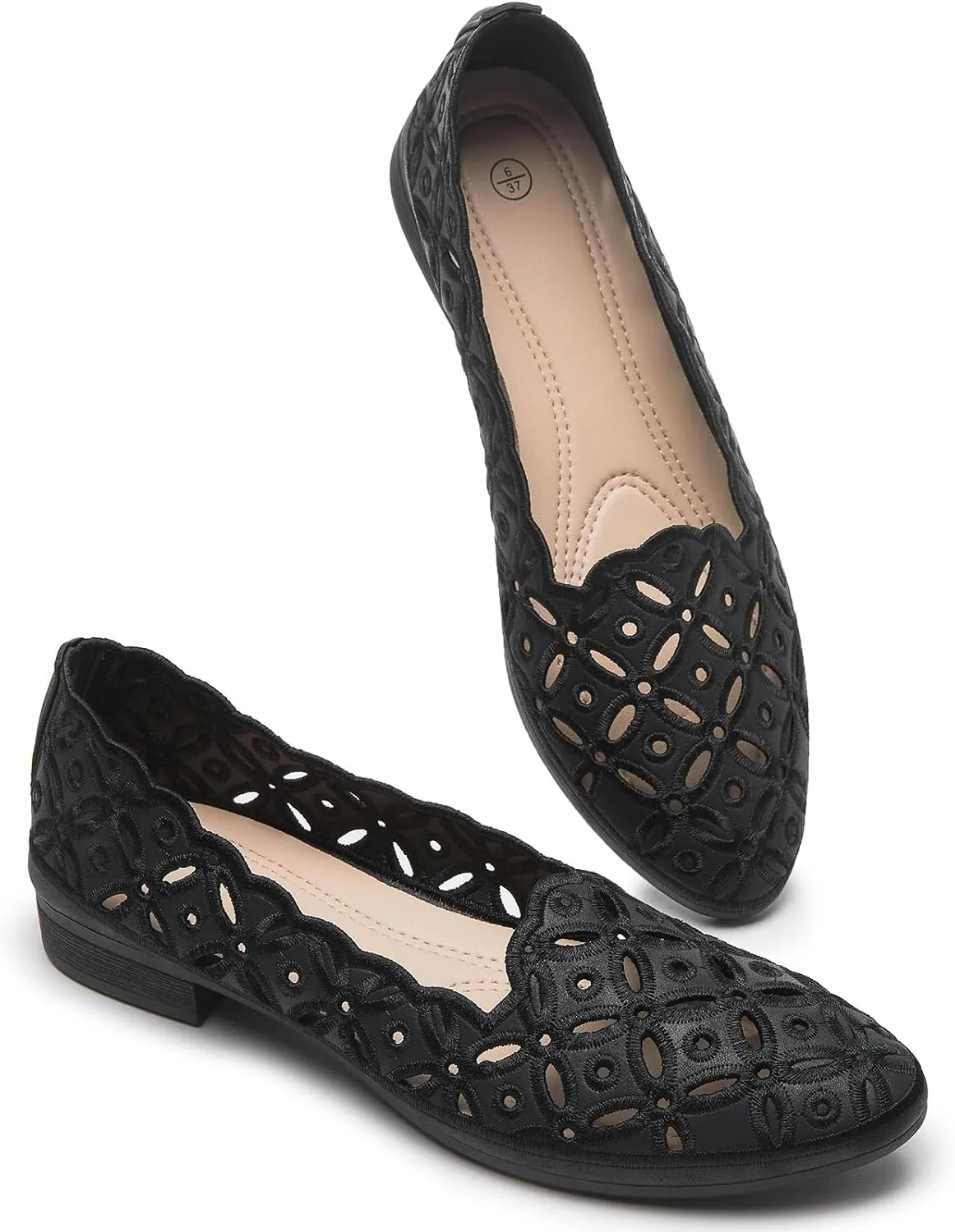 BABUDOG Womens Flats,Black and White Dress Flats with Flower Eyelets,Breathable Ballet Flats