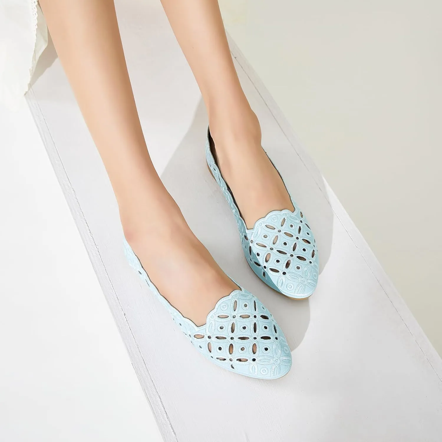 BABUDOG Womens Flats,Black and White Dress Flats with Flower Eyelets,Breathable Ballet Flats