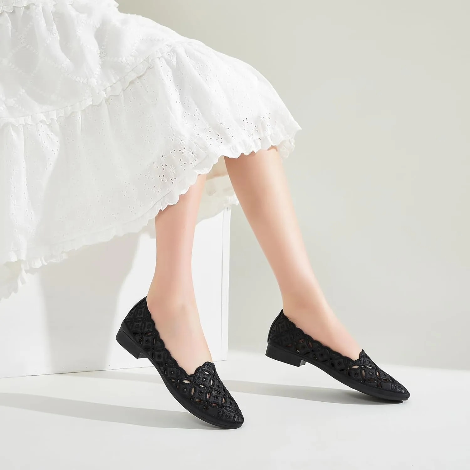 BABUDOG Womens Flats,Black and White Dress Flats with Flower Eyelets,Breathable Ballet Flats