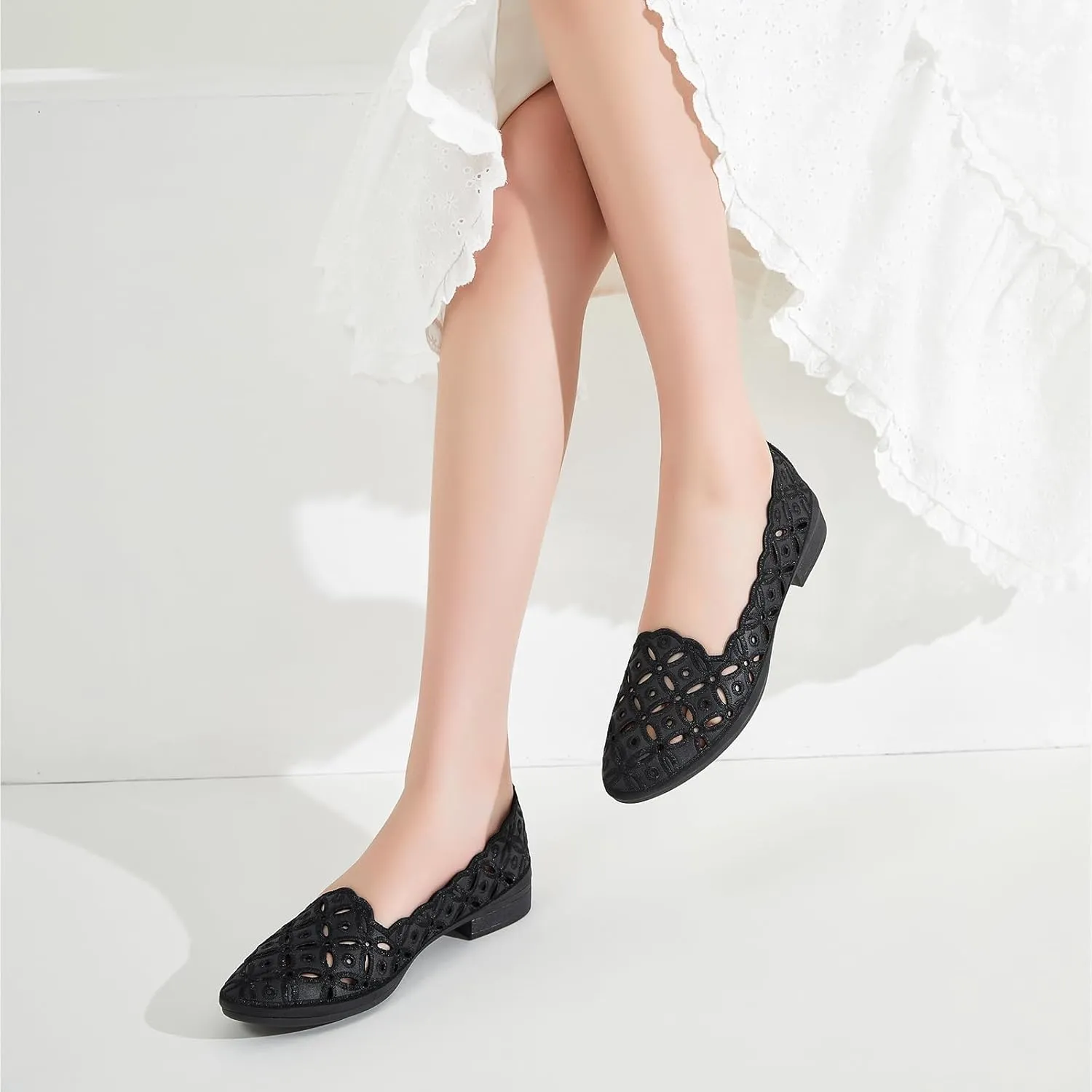 BABUDOG Womens Flats,Black and White Dress Flats with Flower Eyelets,Breathable Ballet Flats