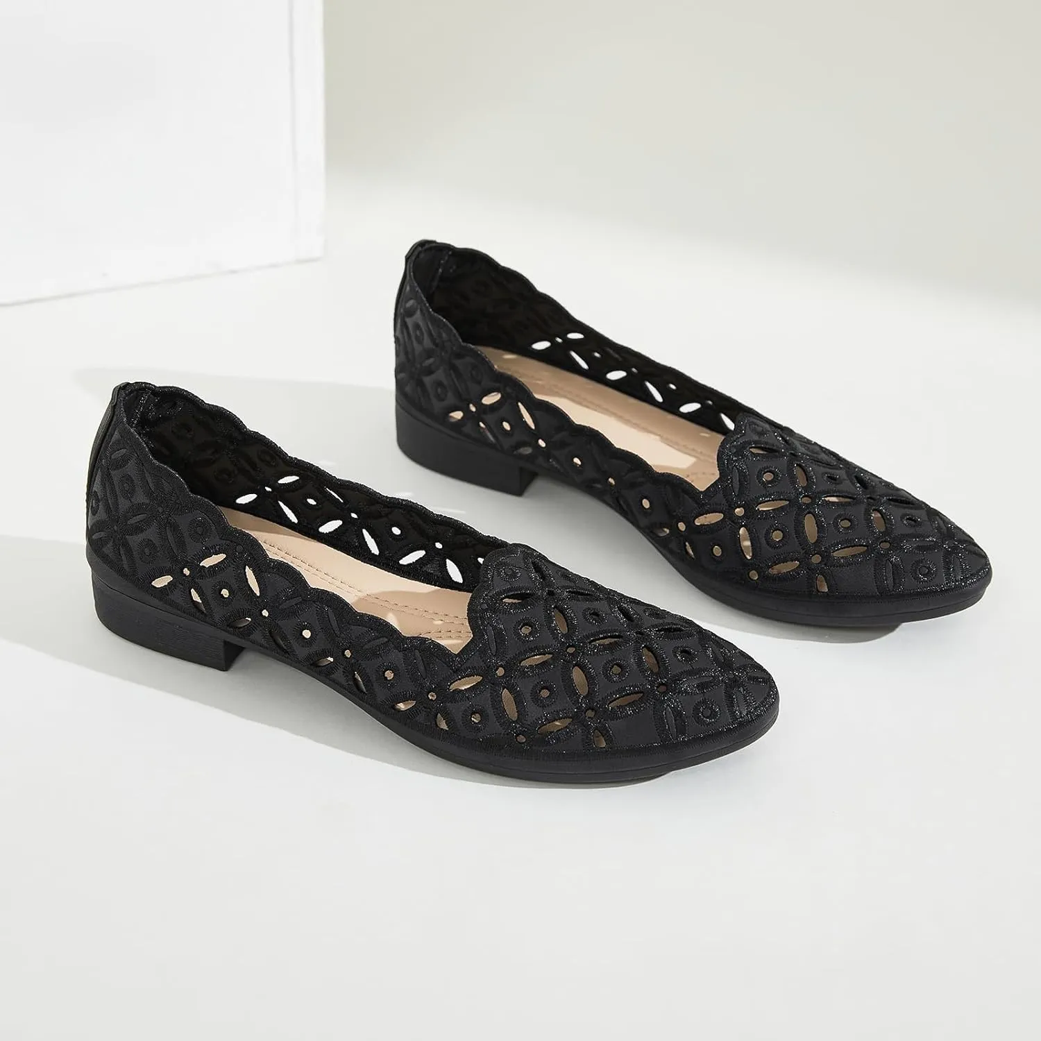 BABUDOG Womens Flats,Black and White Dress Flats with Flower Eyelets,Breathable Ballet Flats