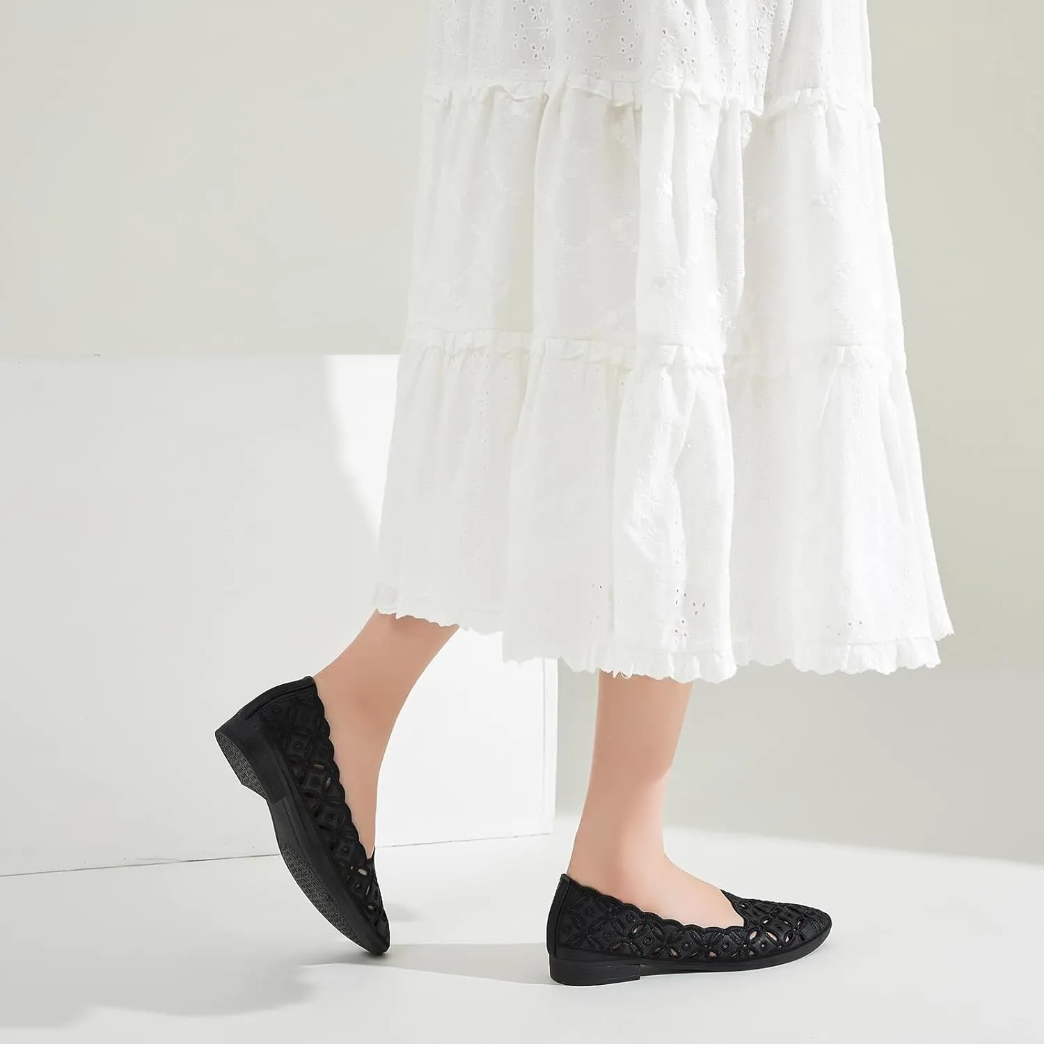 BABUDOG Womens Flats,Black and White Dress Flats with Flower Eyelets,Breathable Ballet Flats