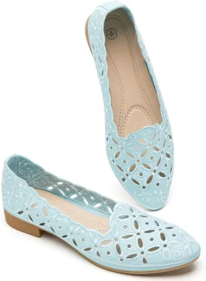 BABUDOG Womens Flats,Black and White Dress Flats with Flower Eyelets,Breathable Ballet Flats