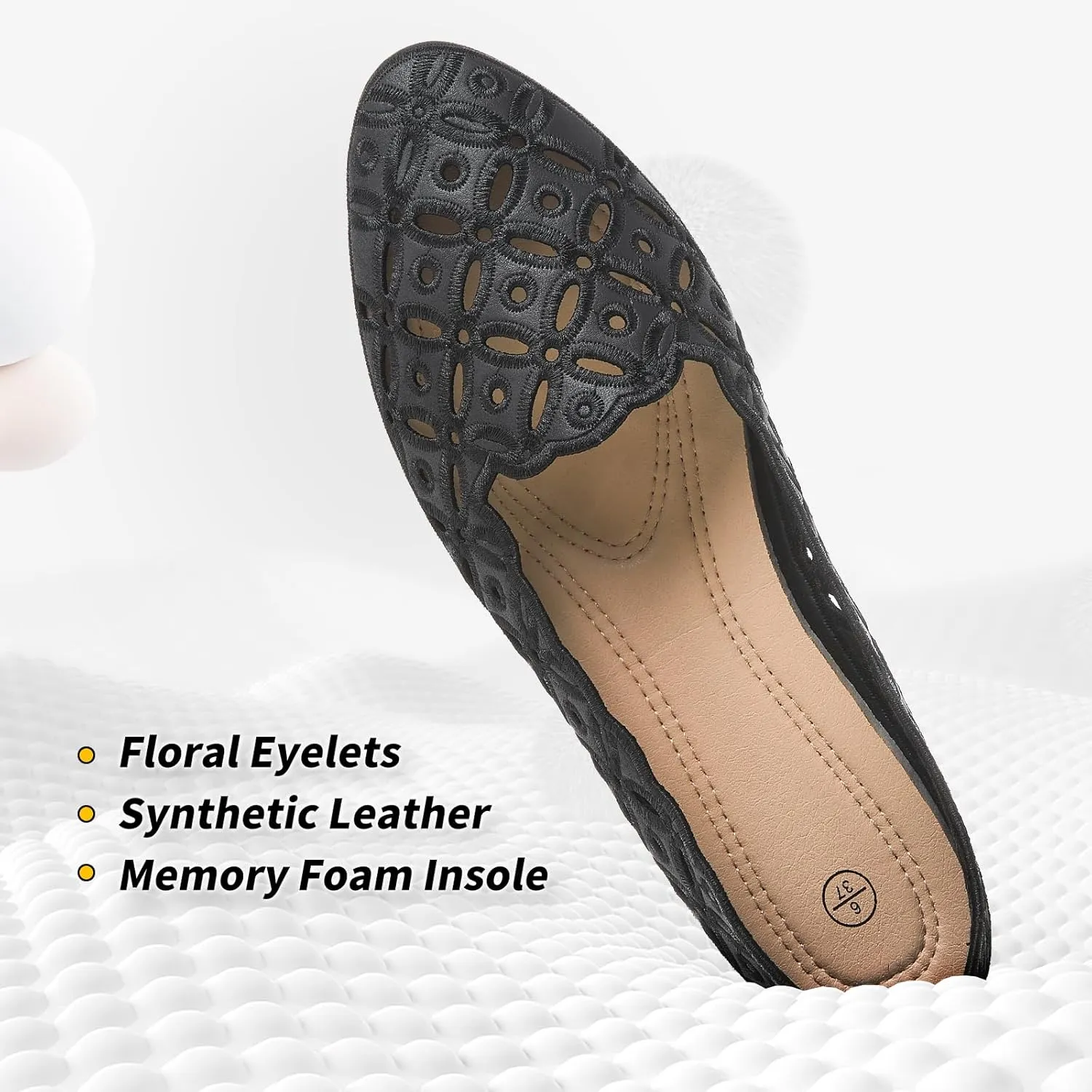 BABUDOG Womens Flats,Black and White Dress Flats with Flower Eyelets,Breathable Ballet Flats