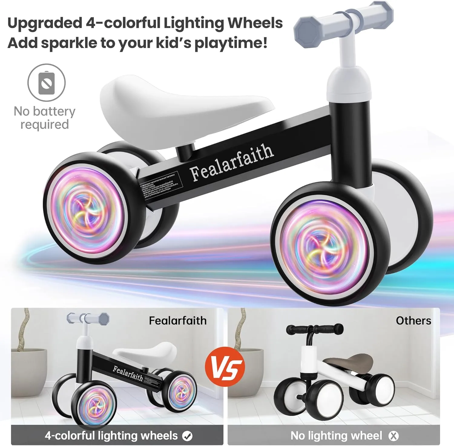 Balance Bike, Colorful Lighting Baby Toys for 1 Year Old, 12-24 Months Toddler Ride on Toys for 1-2 Year Boys & Girls Child, Kids First Birthday Gift, Infant Push Bicycle Training Walker for Strider