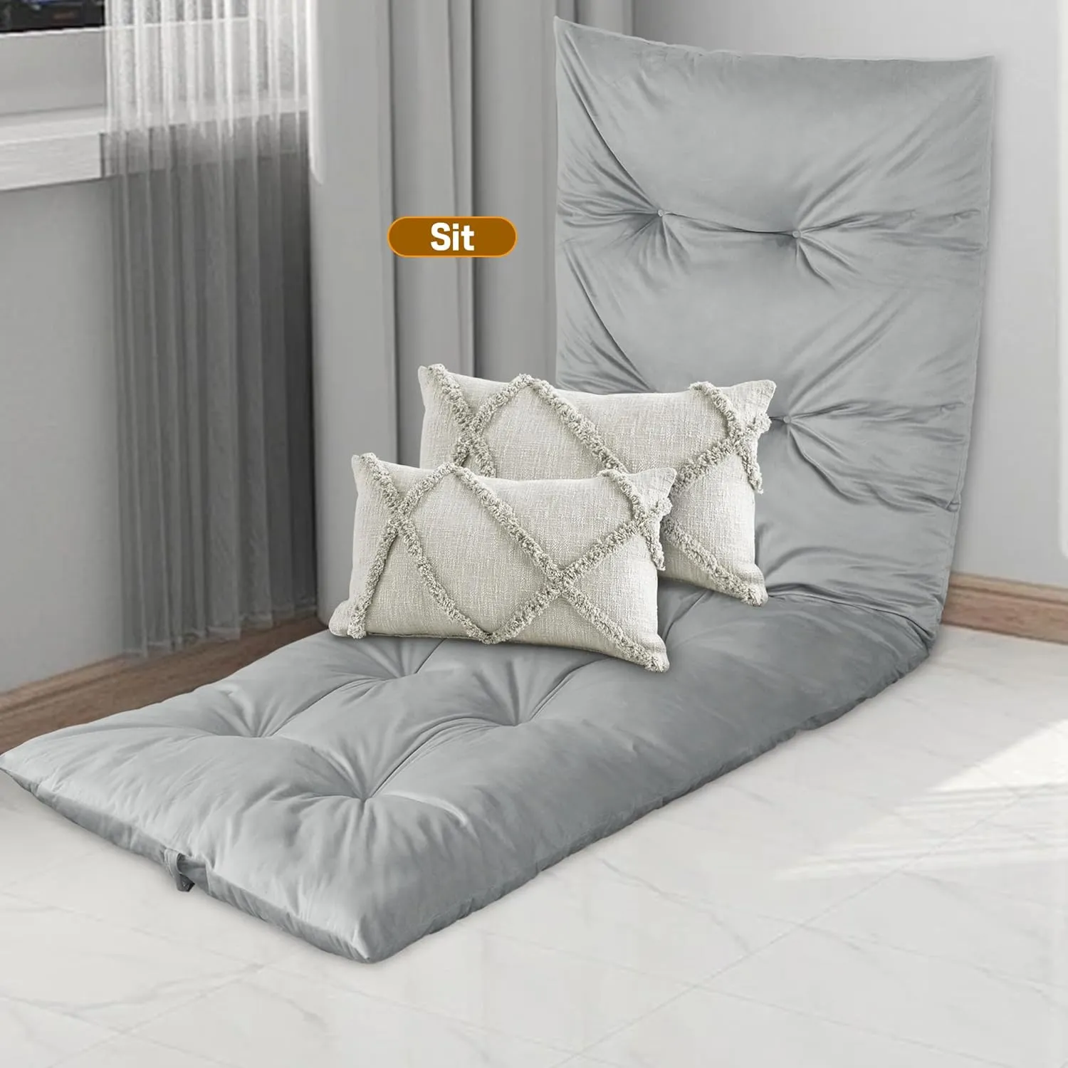 BALAPET Floor Lounger Pillow,Foldable Light Thick Tufted Floor Pillow Cushion with Elasticized Webbing for Easy Storage.Floor Lounger for Meditation,Playing,Yoga,Reading,Sleeping(Light Gray)
