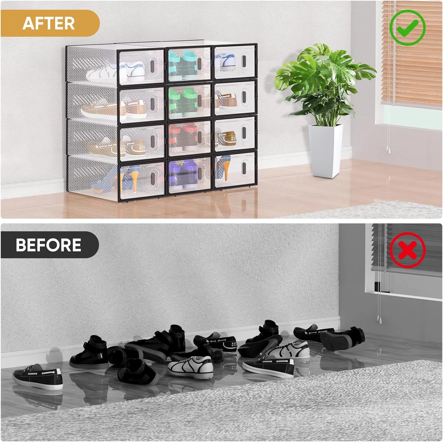 BALEINE 12 Pack Stackable Shoe Storage Boxes Fit Size 9, Thickened Clear Shoe Box Bins with Lids, Plastic Foldable Organizer Sneaker Storage Containers (12 Pack, Large White)
