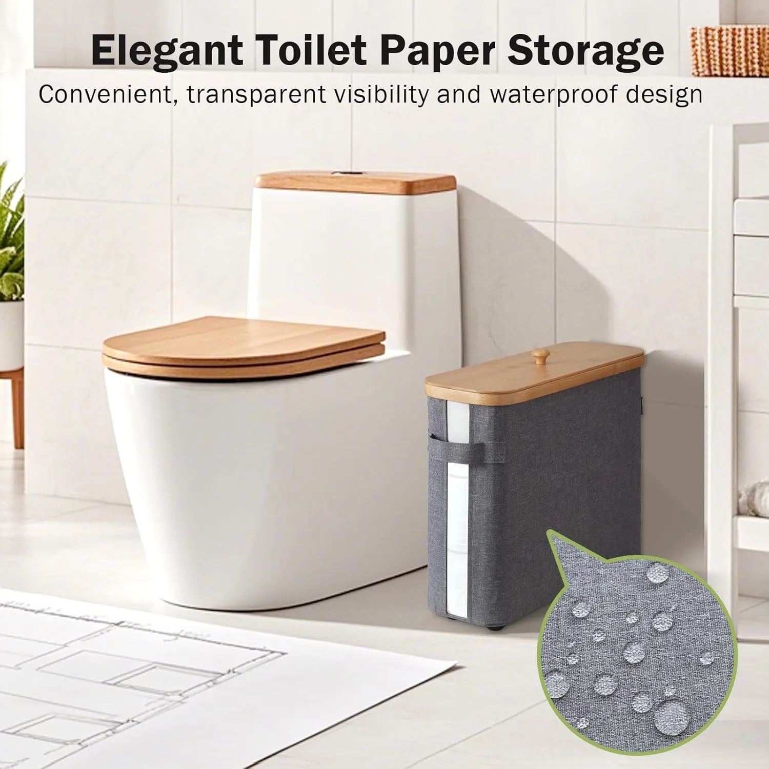 Bamboo Toilet Paper Organizer for Bathroom - Collapsible Storage Basket with Lid, Handle & Non-Slip Bottom, Gray