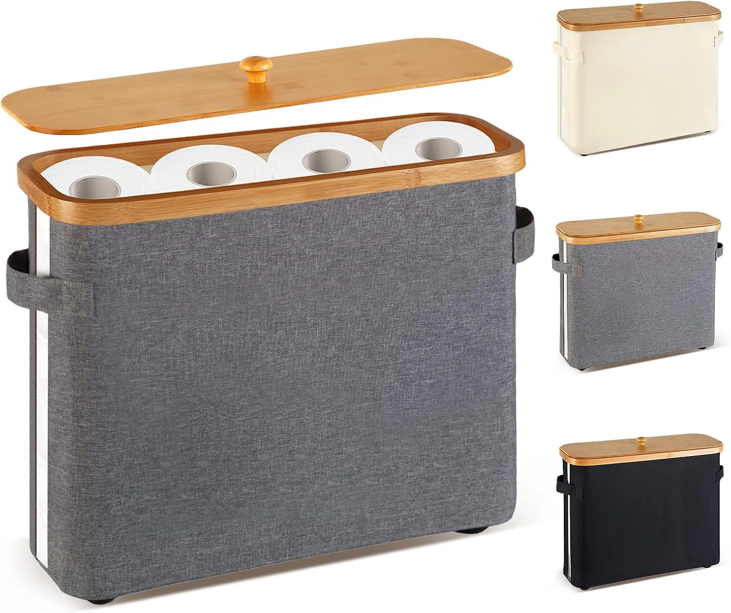 Bamboo Toilet Paper Organizer for Bathroom - Collapsible Storage Basket with Lid, Handle & Non-Slip Bottom, Gray