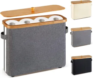 Bamboo Toilet Paper Organizer for Bathroom - Collapsible Storage Basket with Lid, Handle & Non-Slip Bottom, Gray