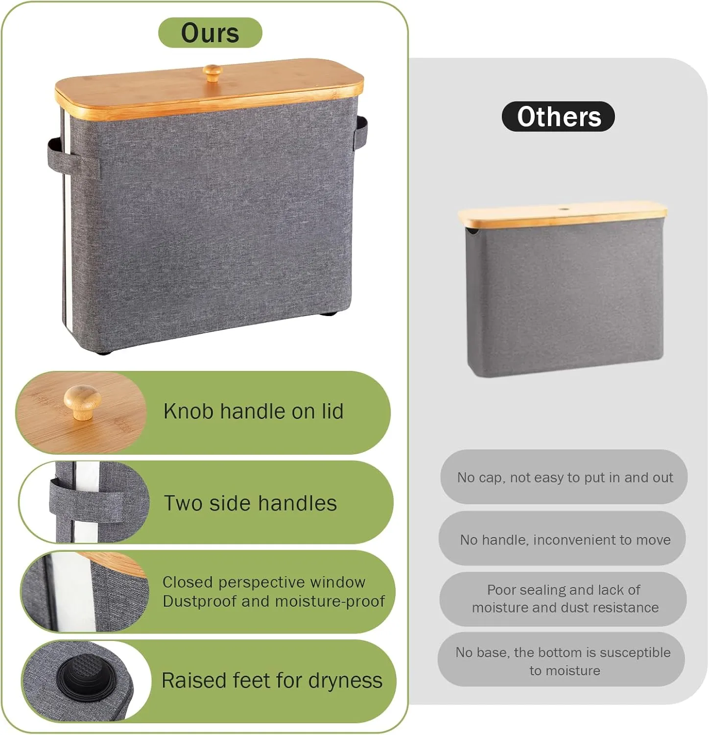 Bamboo Toilet Paper Organizer for Bathroom - Collapsible Storage Basket with Lid, Handle & Non-Slip Bottom, Gray