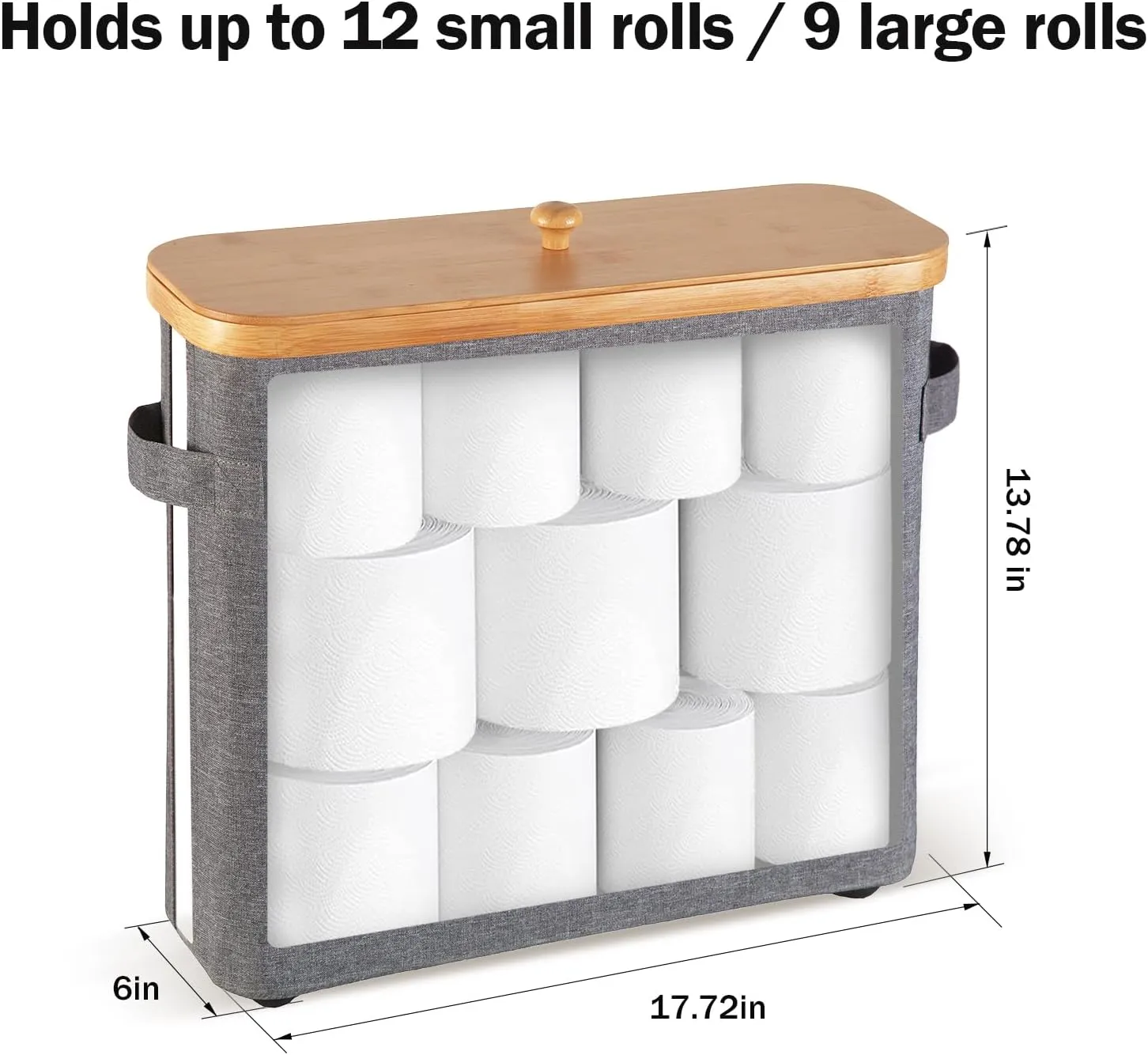 Bamboo Toilet Paper Organizer for Bathroom - Collapsible Storage Basket with Lid, Handle & Non-Slip Bottom, Gray