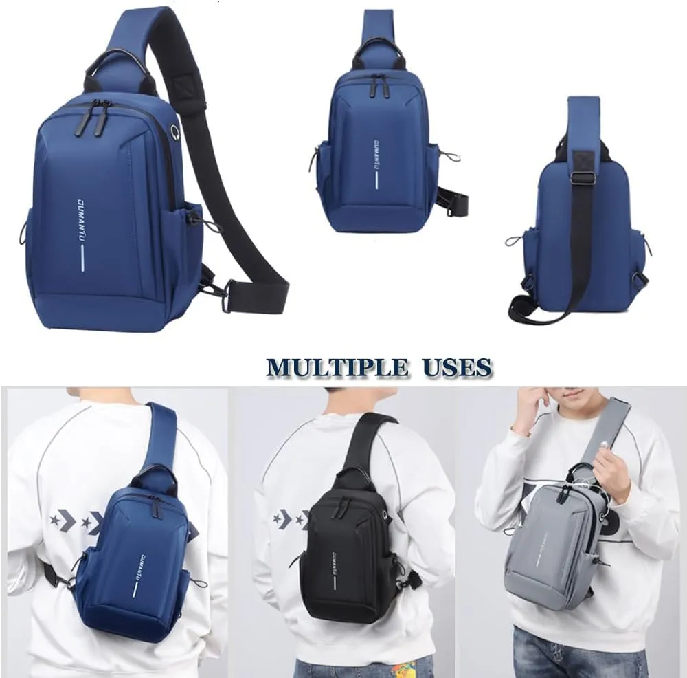 Bealin Waterproof Sling Bag Crossbody Backpack for Men Women Chest Sling Bag with Earphone Hole for Hiking Walking Blue