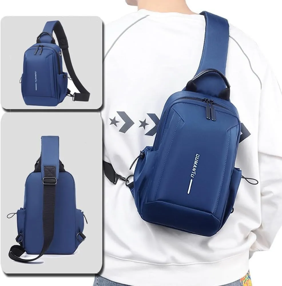 Bealin Waterproof Sling Bag Crossbody Backpack for Men Women Chest Sling Bag with Earphone Hole for Hiking Walking Blue