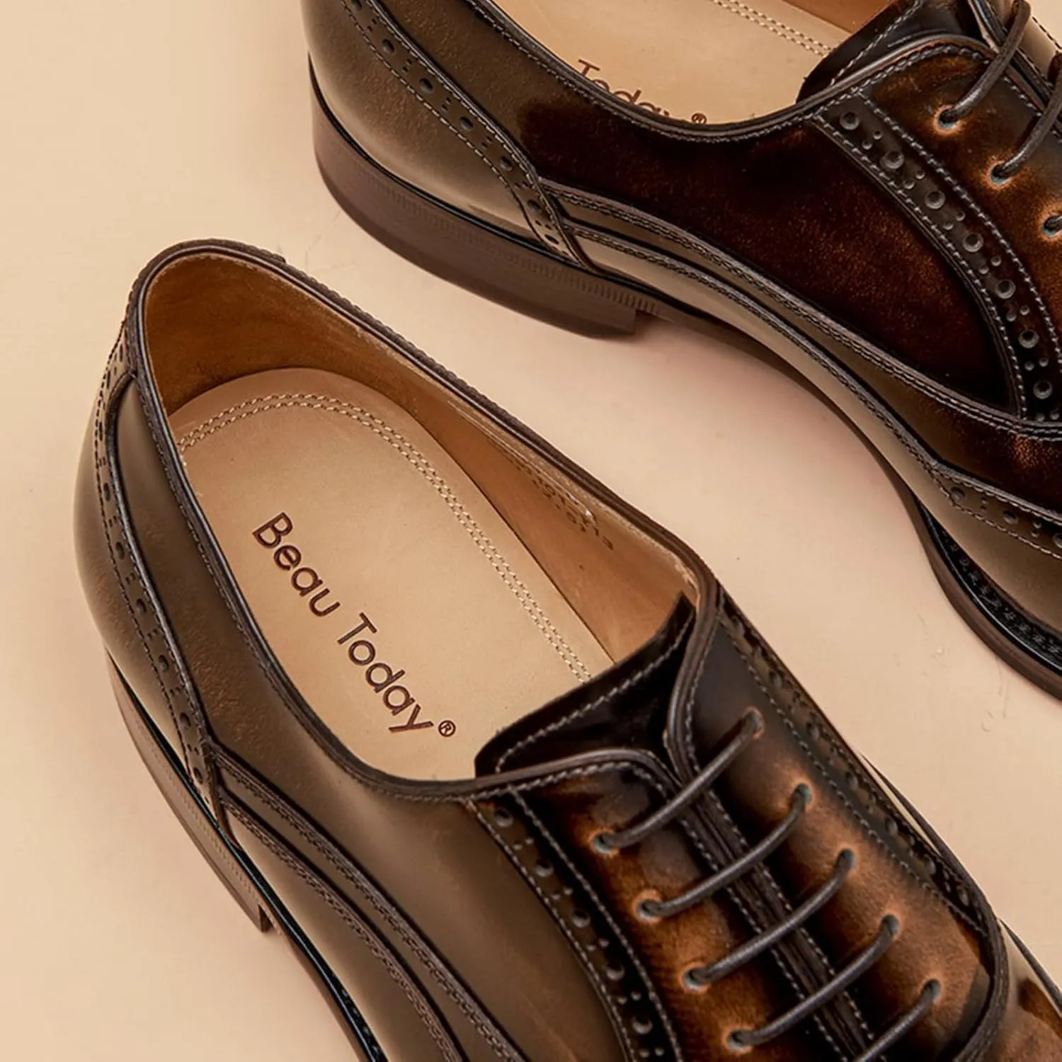 BEAU TODAY Oxfords Dress Shoes for Men Genuine Leather Brogue Oxford Shoes Lace Up Wedding Dress Shoes Mens Formal Business Mens Wingtip Shoes