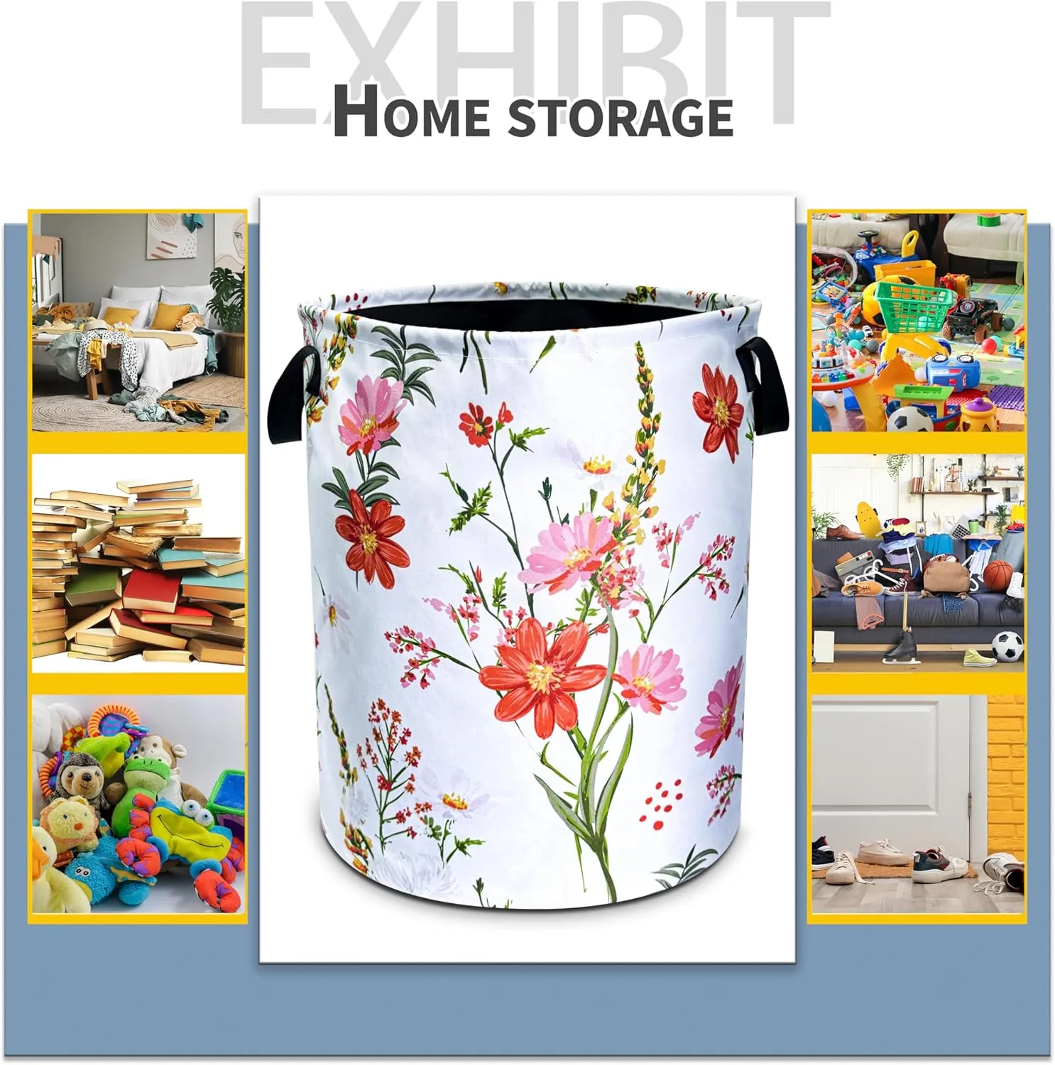 Beautiful Flowers Laundry Basket Pink Red Floral Foldable Oxford Cloth Funny Tote Bag Laundry Hamper Clothes Storage Bucket Toy Organizer For Bathroom/Laundry Storage/Bedroom 18.9x16.5 Inch