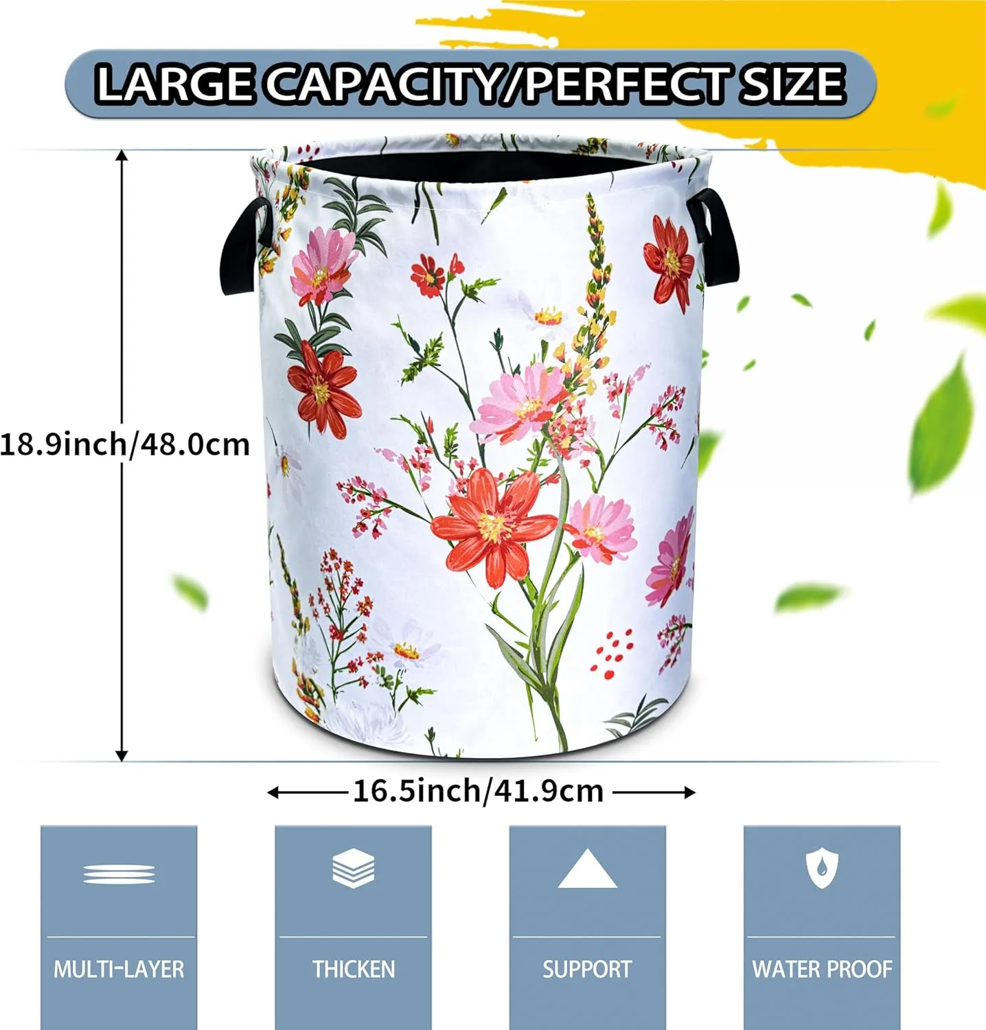 Beautiful Flowers Laundry Basket Pink Red Floral Foldable Oxford Cloth Funny Tote Bag Laundry Hamper Clothes Storage Bucket Toy Organizer For Bathroom/Laundry Storage/Bedroom 18.9x16.5 Inch