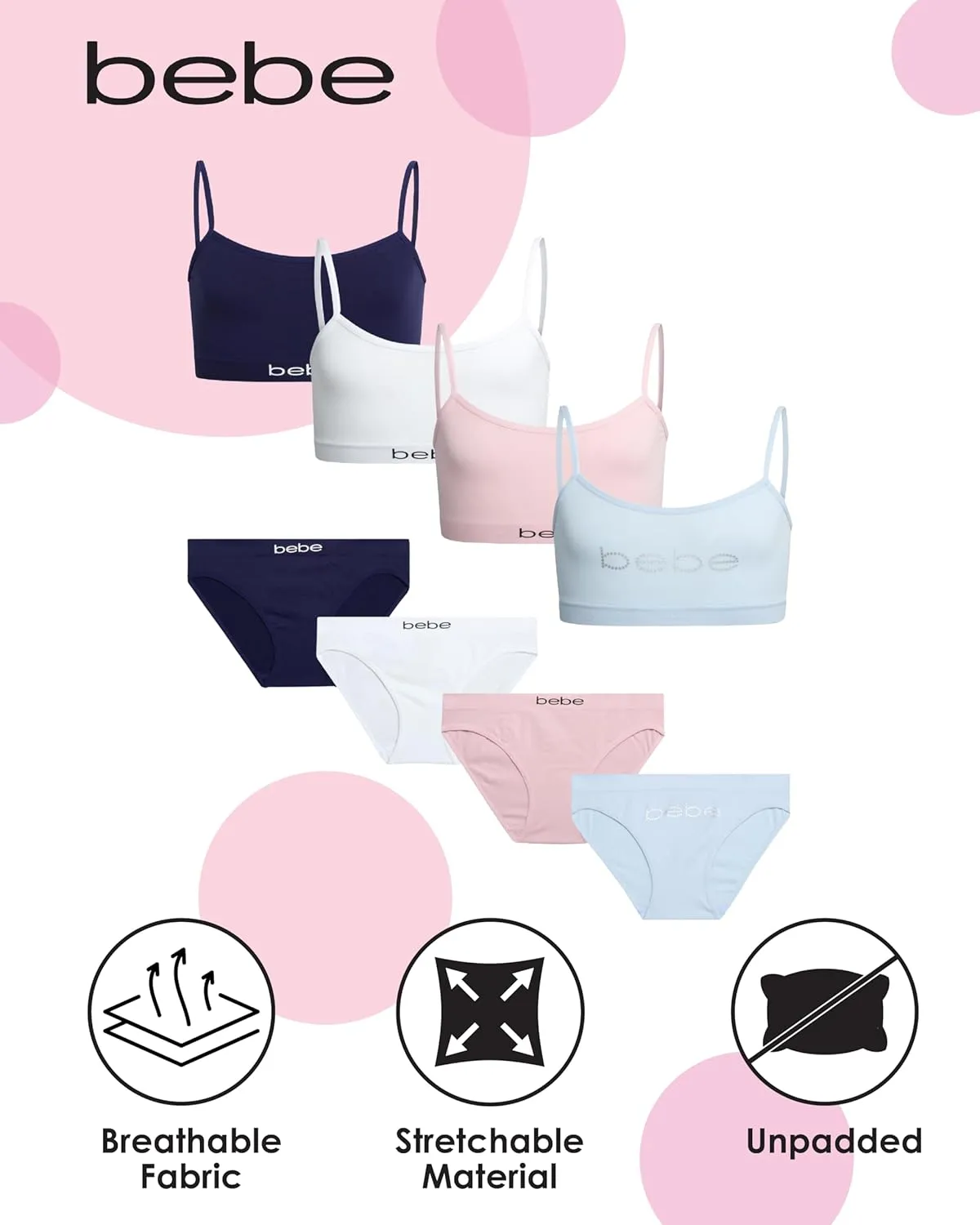 bebe Girls' Underwear Set - Seamless Cami Training Bra and Matching Panties (8 Piece)