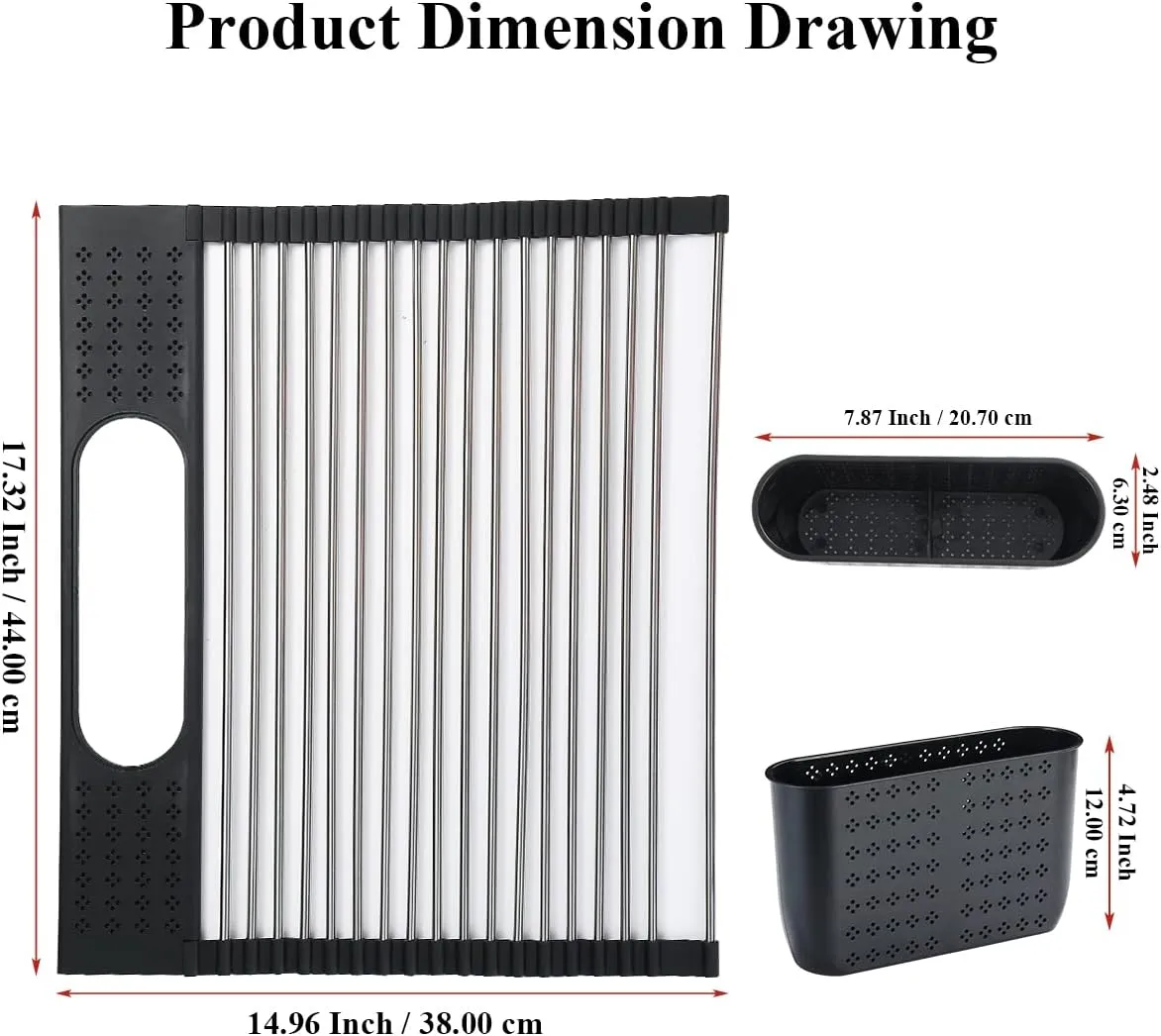 Berglander Dish Drying Rack Over The Sink, L17.5 by W 15" Rollable Stainless Steel Dish Rack with Removable Storage Basket, Perfect for Kitchen Sink