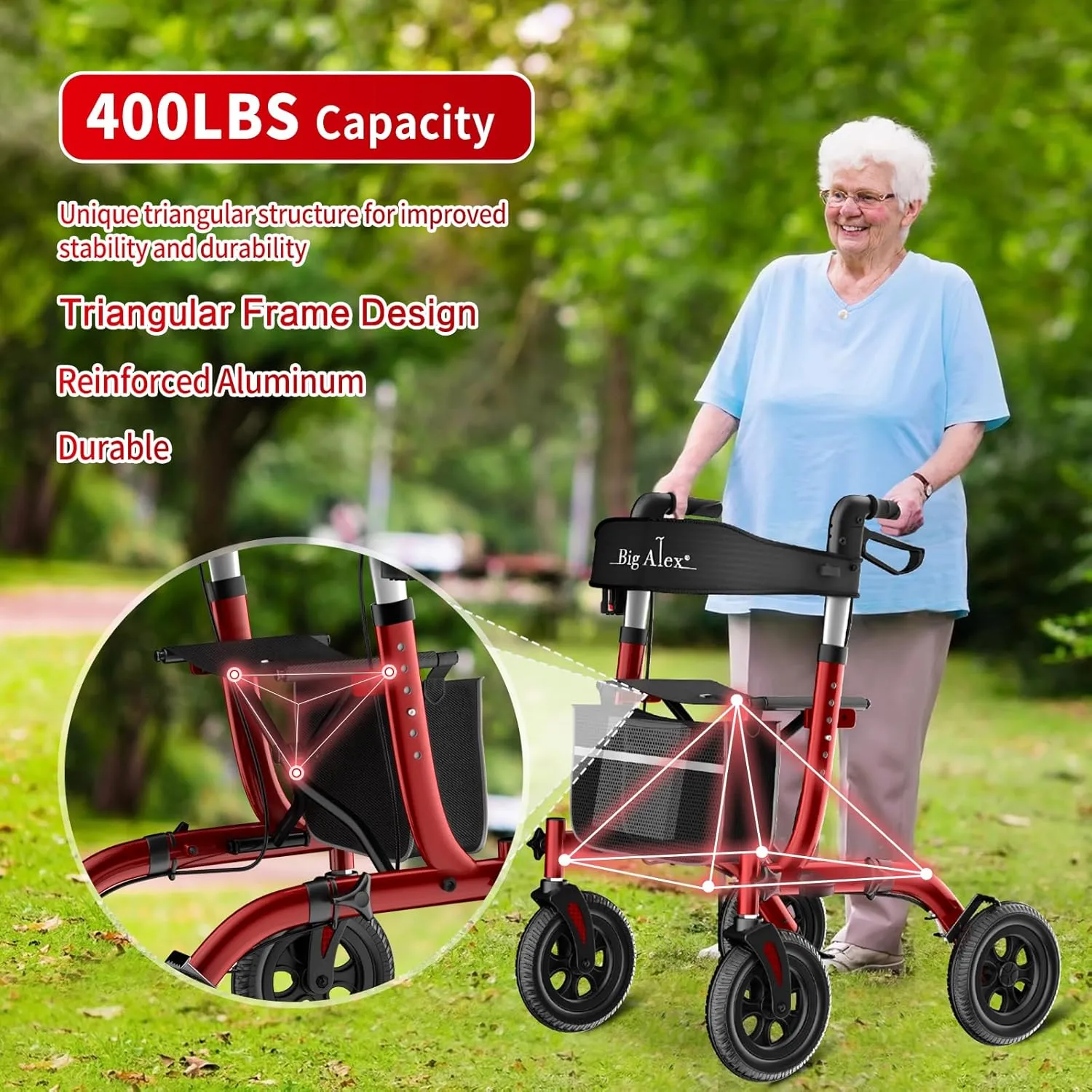 BigAlex Rollator Walker with Seat, Walker for Seniors with Wider Seat,Folding Rolling Walker with 10" All-Terrain Wheels,Lightweight Aluminum Walker Rollator with Backrest,Cup Holder,Red