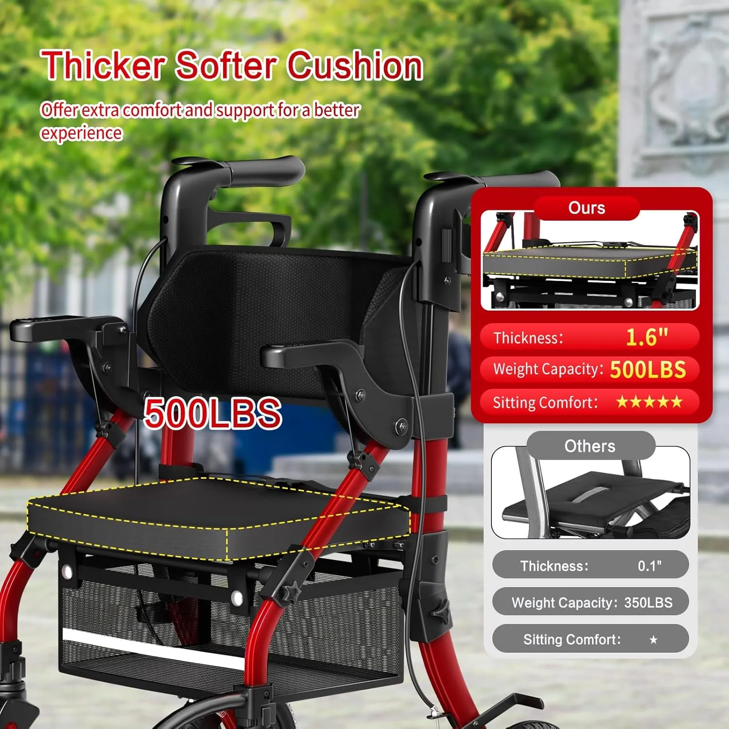 BigAlex Rollator Walker with Seat,2 in 1 Rollator Walker Transport-Wheelchair,10" All-Terrain Wheels for Outdoor & Indoor Use,Walker for Seniors with Wider Seat,Walker Wheelchair Combo-Lightweight,Red