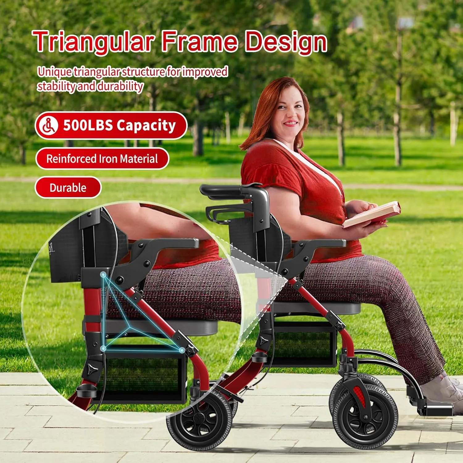 BigAlex Rollator Walker with Seat,2 in 1 Rollator Walker Transport-Wheelchair,10" All-Terrain Wheels for Outdoor & Indoor Use,Walker for Seniors with Wider Seat,Walker Wheelchair Combo-Lightweight,Red