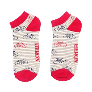 Bikes and Stripes Bamboo Trainer Socks in Grey by Mr Heron, Size UK 7-11