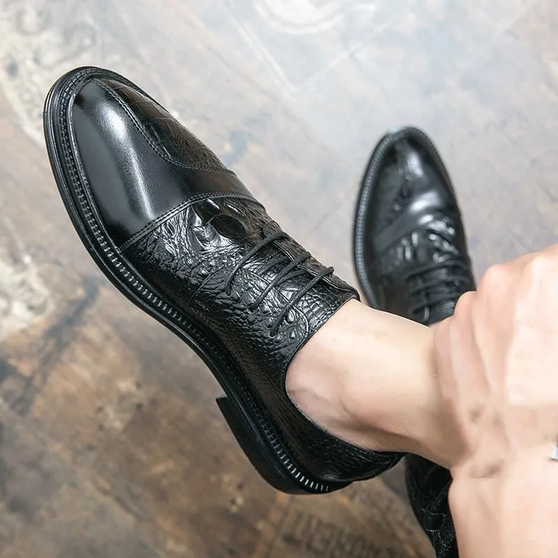 Black Genuine Leather Brogue Men Shoes, New British Crocodile Pattern Patchwork Oxford, Men Formal Lace-up Shoes, Business Office Wedding