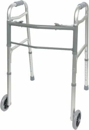 BodyMed Two Button Folding Walker with Wheels, Lightweight Mobility Aid with Foam Grips for Seniors and Adults, 300 lb. Maximum Weight Capacity