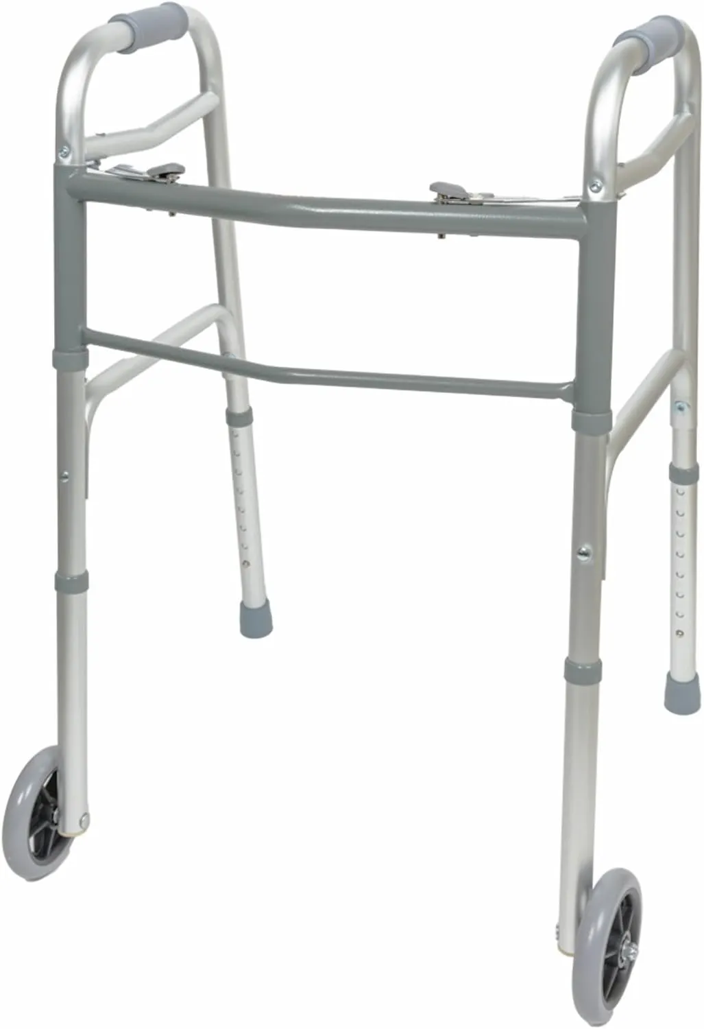 BodyMed Two Button Folding Walker with Wheels, Lightweight Mobility Aid with Foam Grips for Seniors and Adults, 300 lb. Maximum Weight Capacity