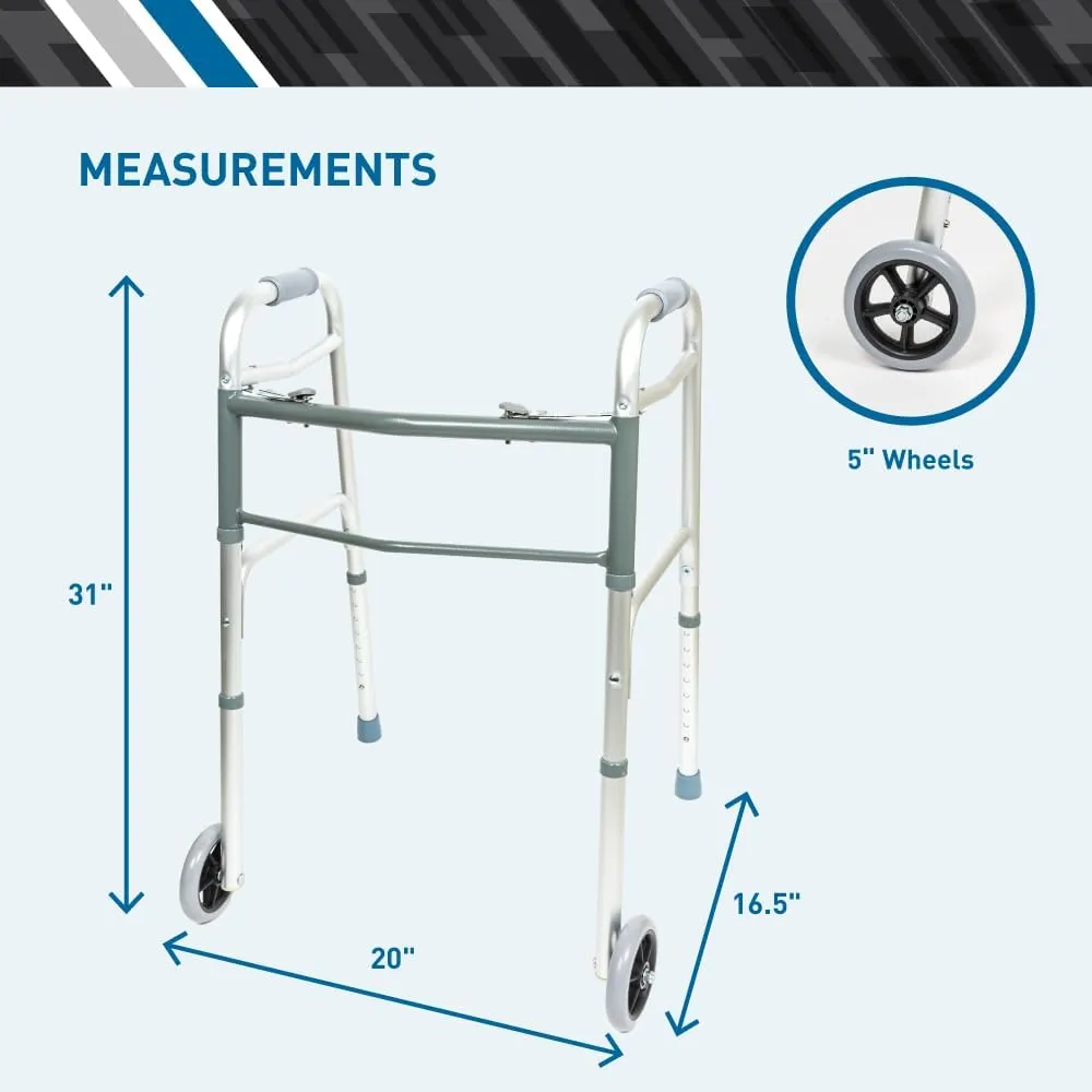 BodyMed Two Button Folding Walker with Wheels, Lightweight Mobility Aid with Foam Grips for Seniors and Adults, 300 lb. Maximum Weight Capacity
